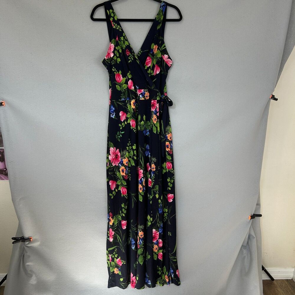 Le Lis Navy Blue Floral Wrap Maxi Dress Womens XL Sleeveless Boho Summer Fest